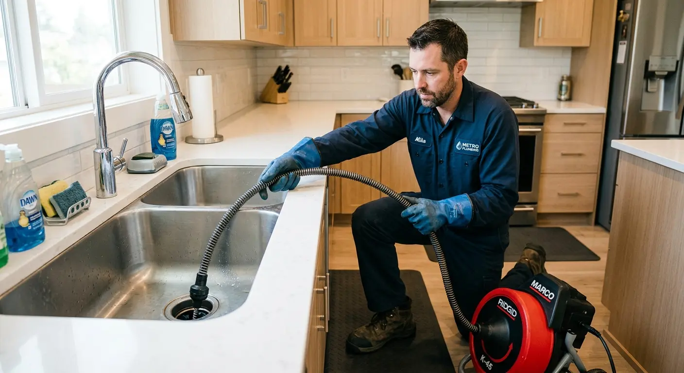 Drain cleaning technician using a motorized snake on a kitchen sink in East Kapolei