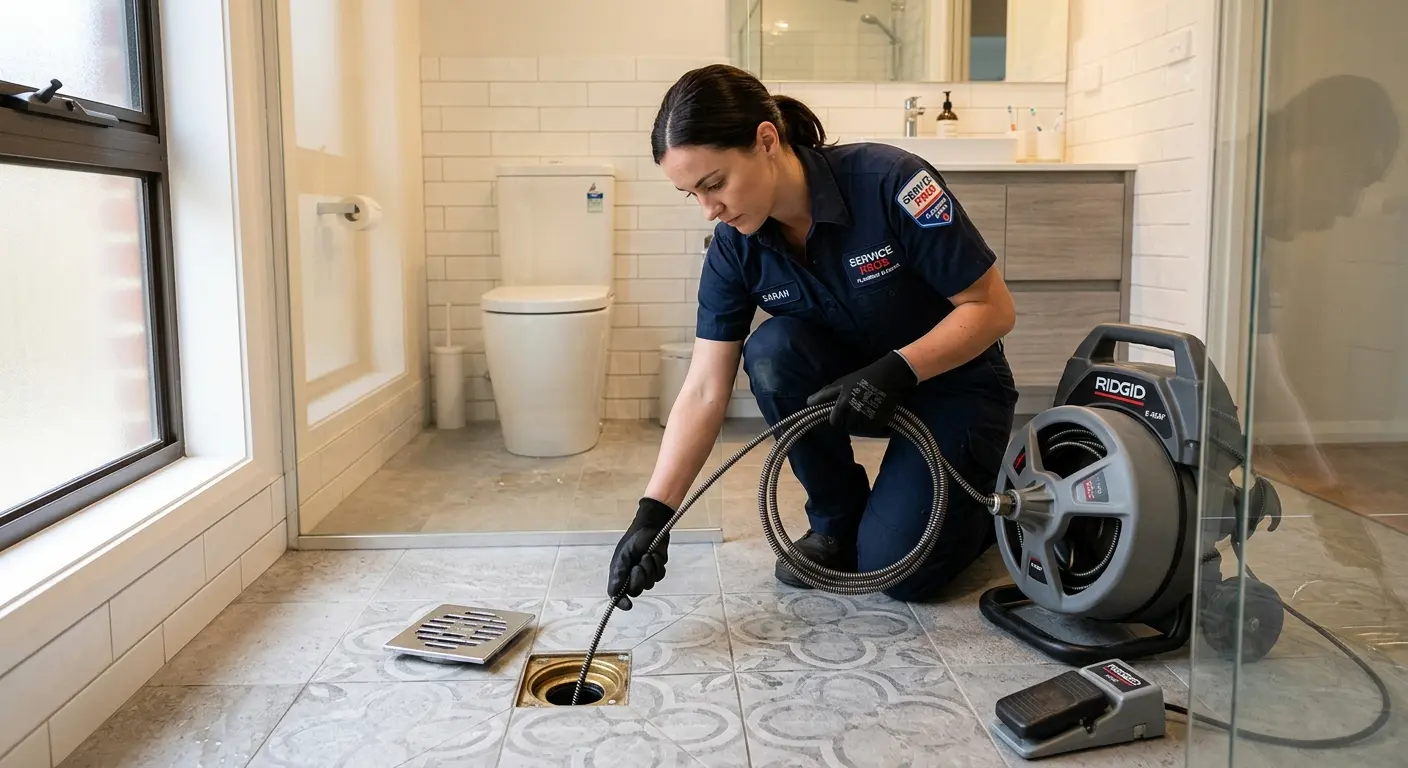 Technician clearing a bathroom floor drain for Drain Cleaning in East Kapolei